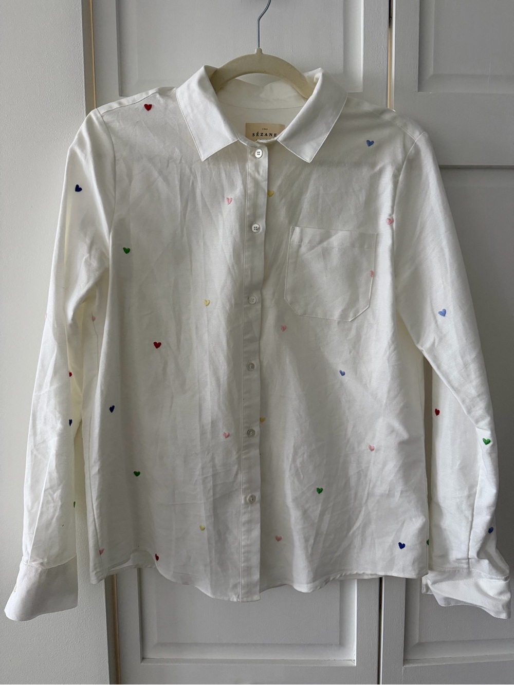 Sézane Tomboy Shirt Multicolor Heart Embroidery - rare like new - Size 36